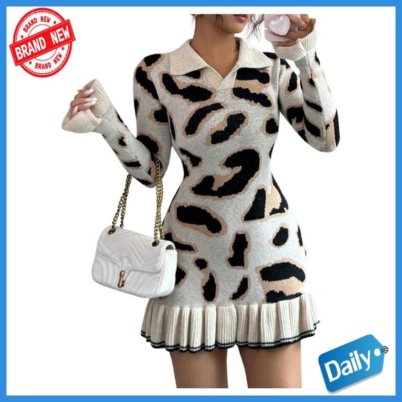 Leopard Print Sweater Dress Long Sleeve Ruffle Bodycon Mini